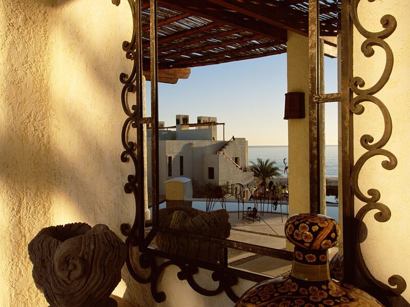 Coastal villa view through mirror