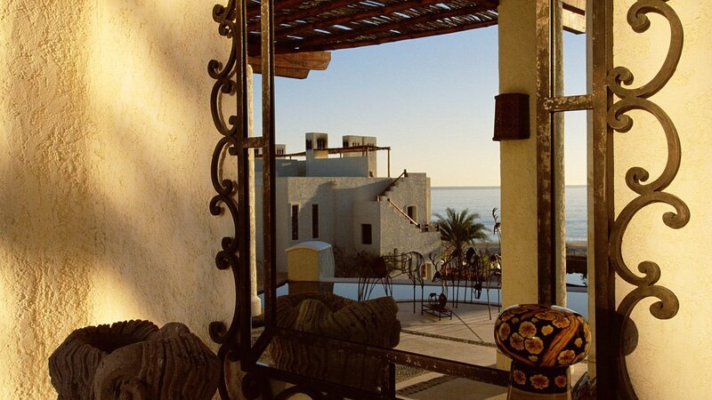 Coastal villa view through mirror