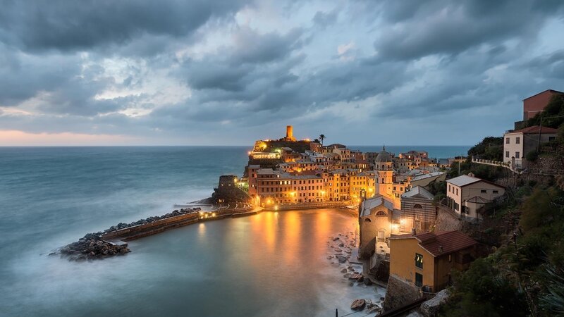 Coastal Village at Dusk — Blue, Dramatic, Night