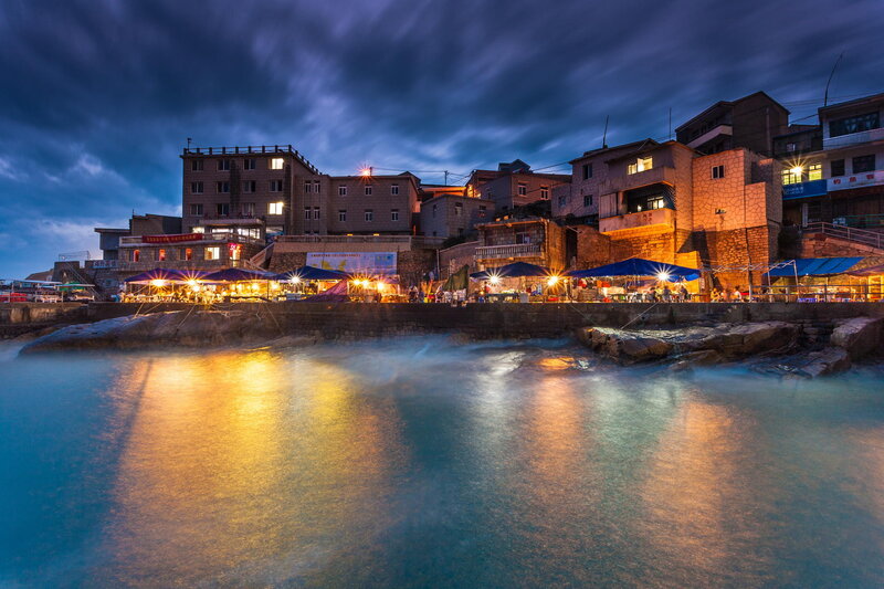Coastal Village at Dusk — Blue, Dramatic