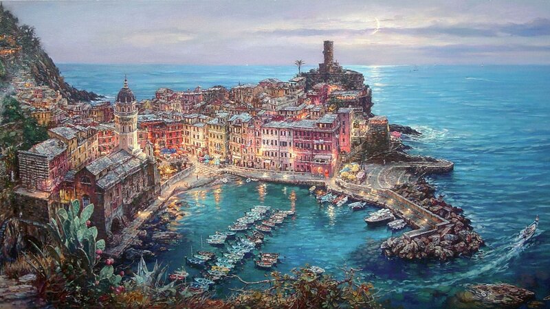 Coastal Village at Dusk — Blue, Serene, Sunset, Painting
