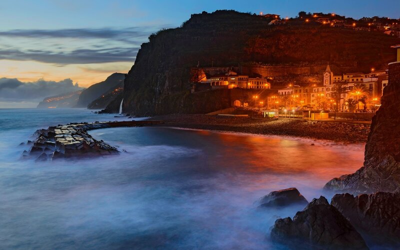 Coastal Village at Dusk — Blue, Serene, Sunset