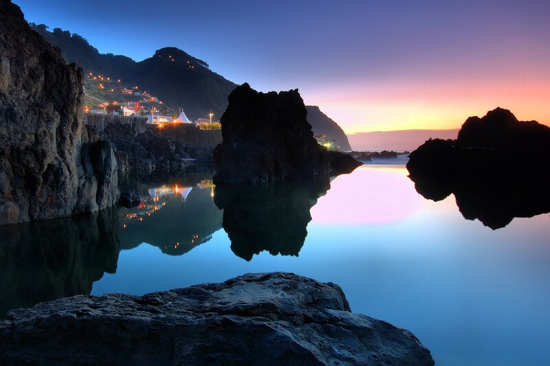 Coastal Village at Dusk — Blue, Serene