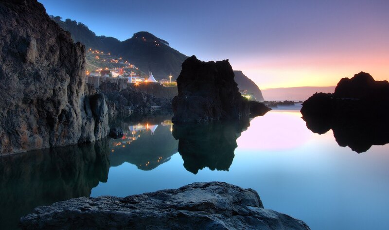 Coastal Village at Dusk — Blue