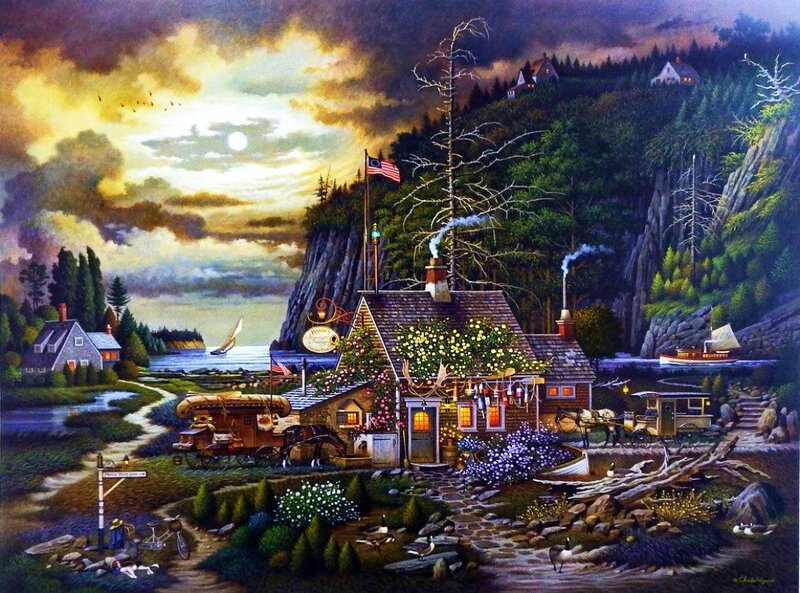 Coastal Village at Dusk — Green