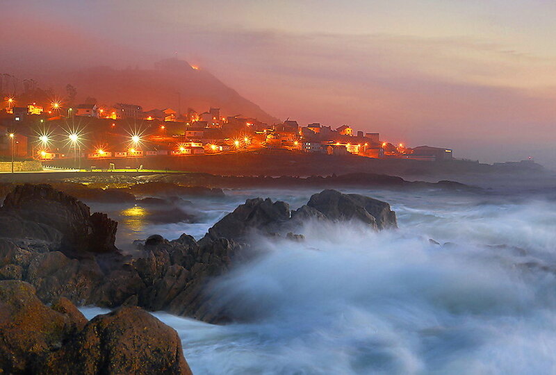 Coastal Village at Dusk — Orange