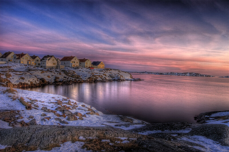 Coastal Village at Dusk — Purple