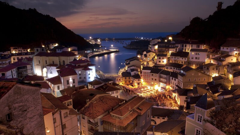 Coastal Village at Night — Blue, Serene, Photograph, Harbor