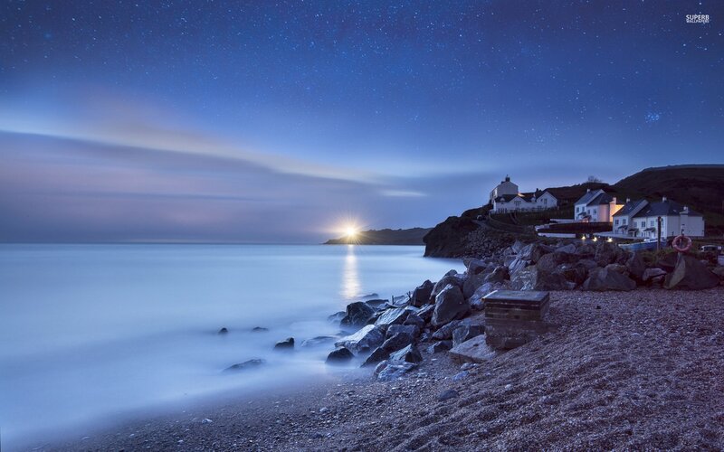 Coastal Village at Night — Blue, Serene, Photograph, Houses, Rocks