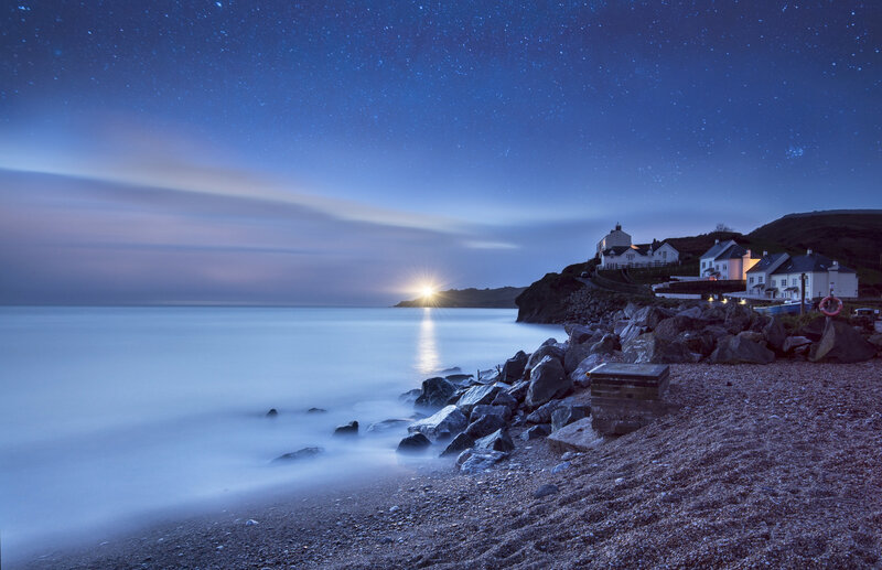 Coastal Village at Night — Blue, Serene, Photograph, Houses