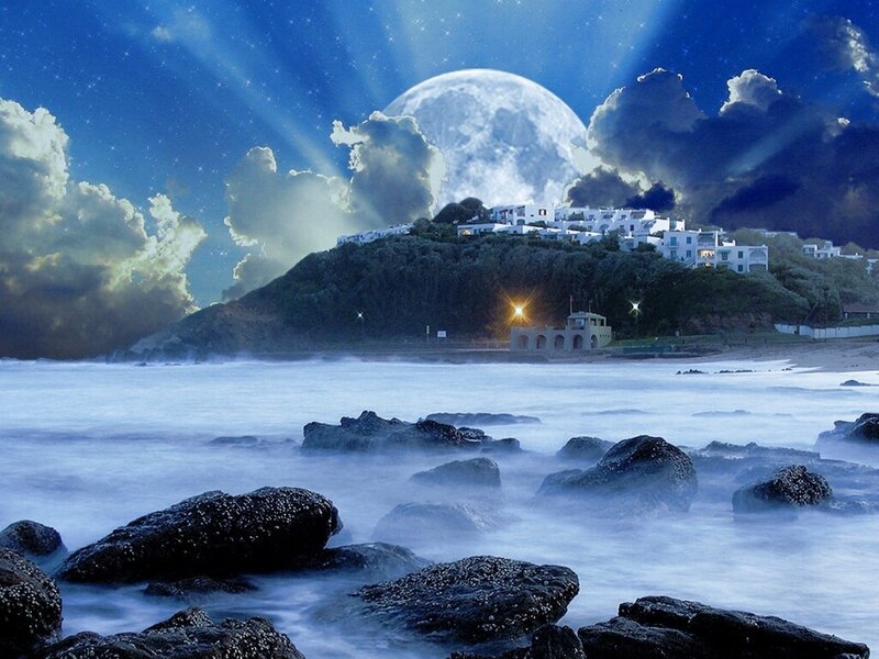 Coastal Village at Night — Blue