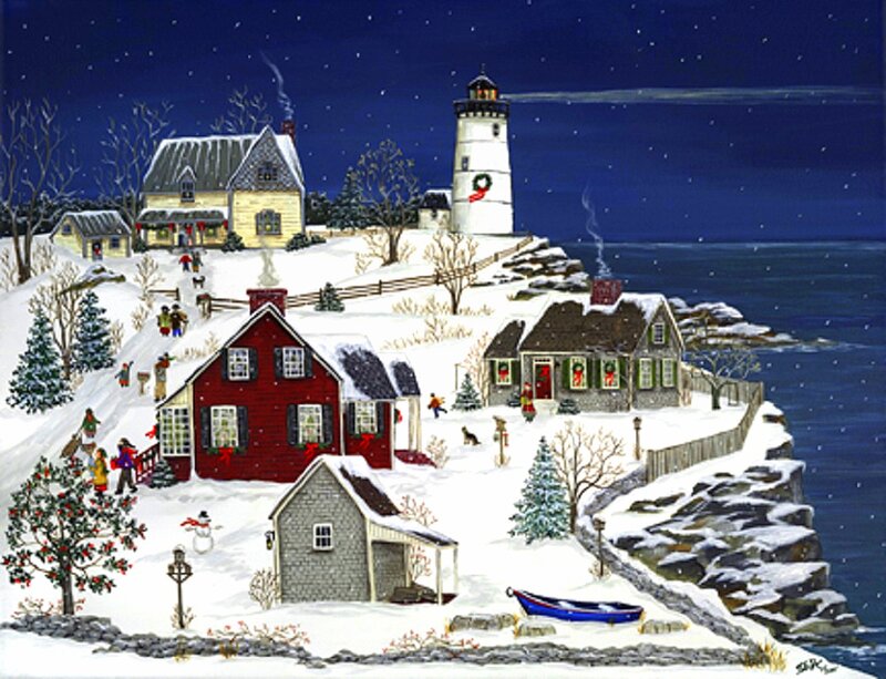 Coastal Village at Night — White
