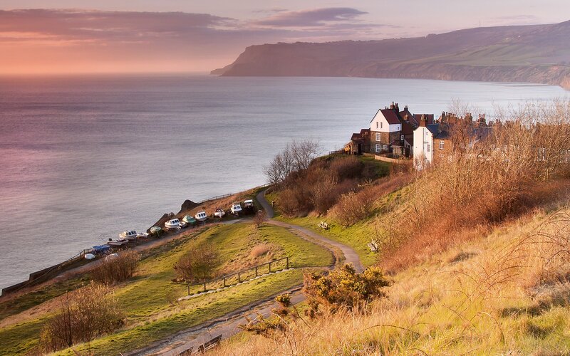 coastal village at sunset