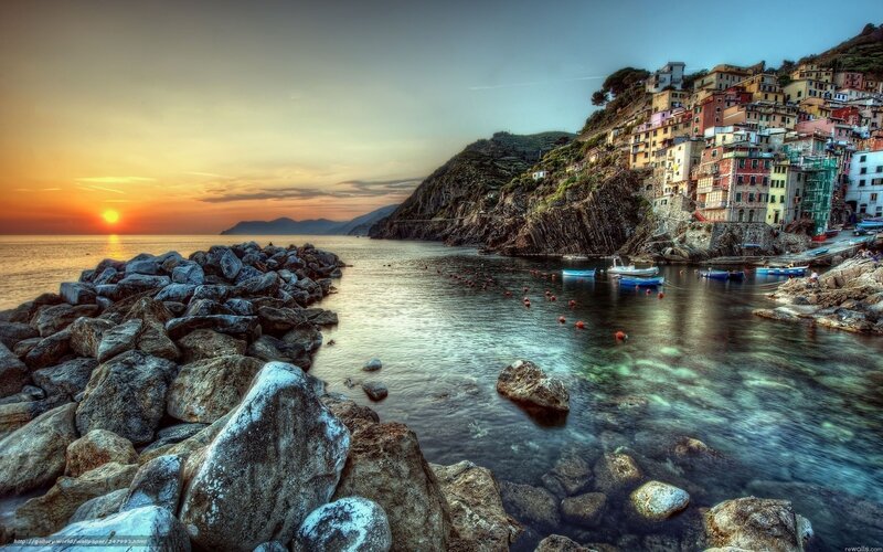 coastal village at sunset