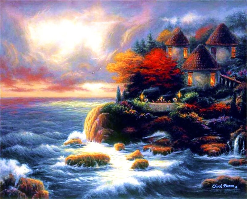 Coastal Village at Sunset — Blue, Dramatic, Painting