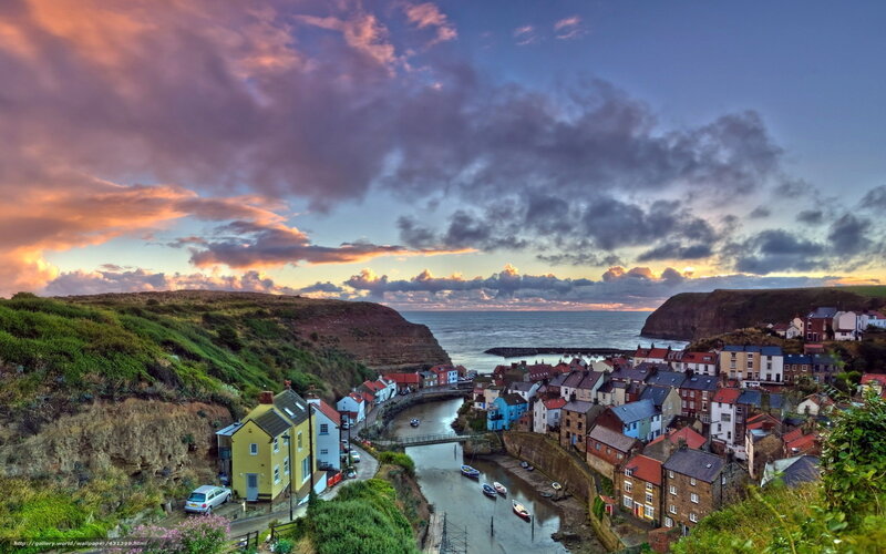 Coastal Village at Sunset — Blue, Dramatic, Photograph, Cliffs