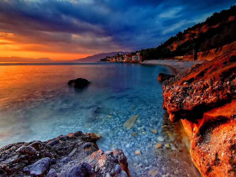 Coastal Village at Sunset — Blue, Dramatic, Photograph