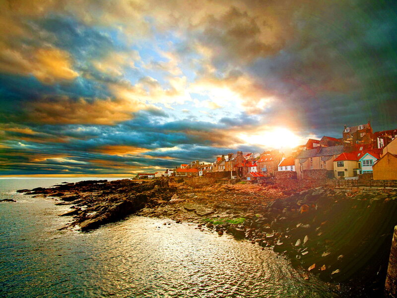 Coastal Village at Sunset — Blue, Dramatic