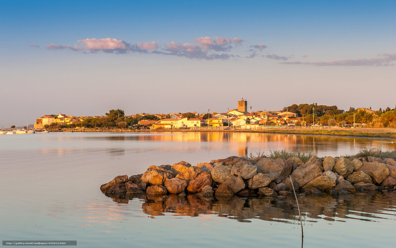 Coastal Village at Sunset — Blue, Serene, Photograph