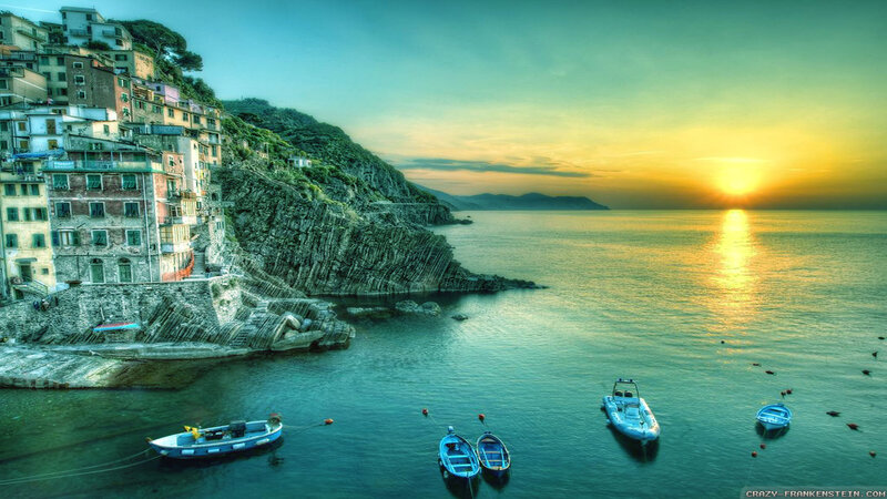 Coastal Village at Sunset — Blue, Serene