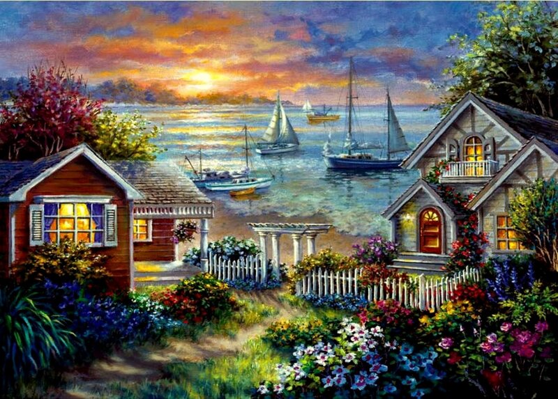 Coastal Village at Sunset — Blue
