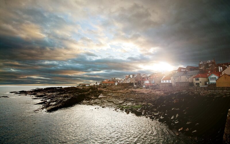 Coastal Village at Sunset — Gray