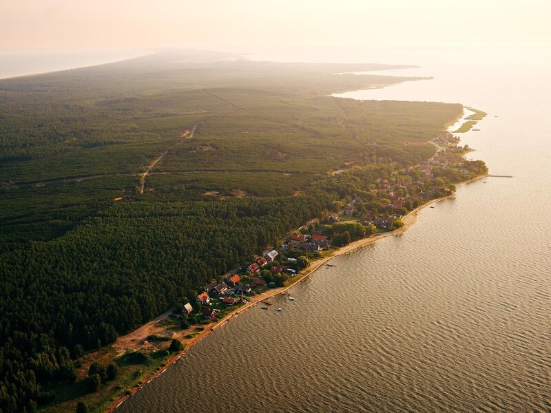 Coastal Village at Sunset — Green, Serene, Photograph, Forest