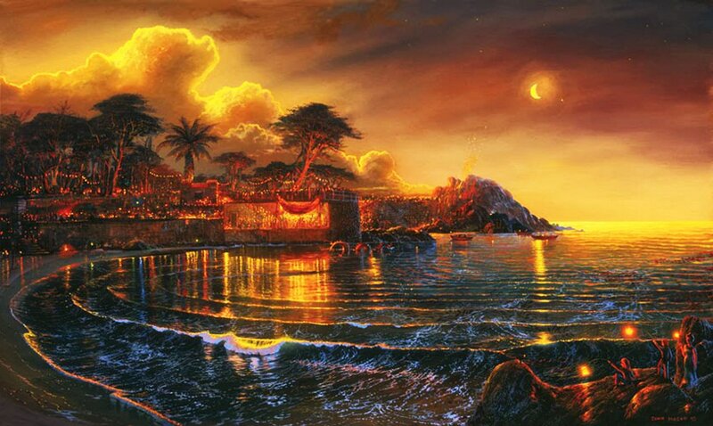 Coastal Village at Sunset — Orange, Dramatic, Painting, Moon