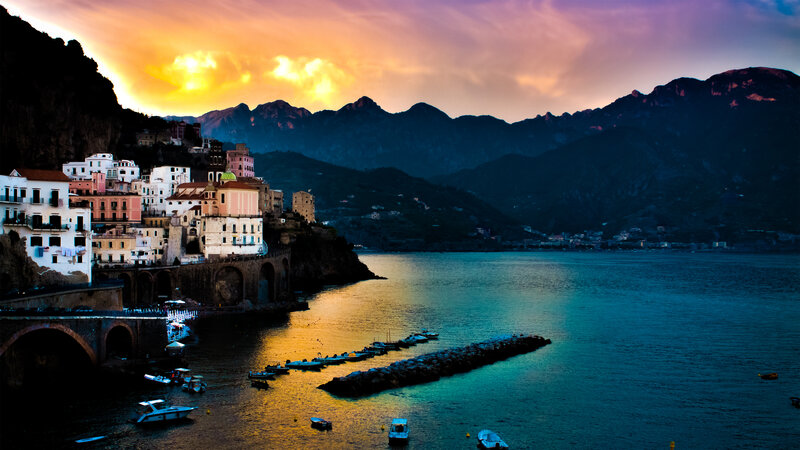 Coastal Village at Sunset — Orange, Dramatic, Photograph