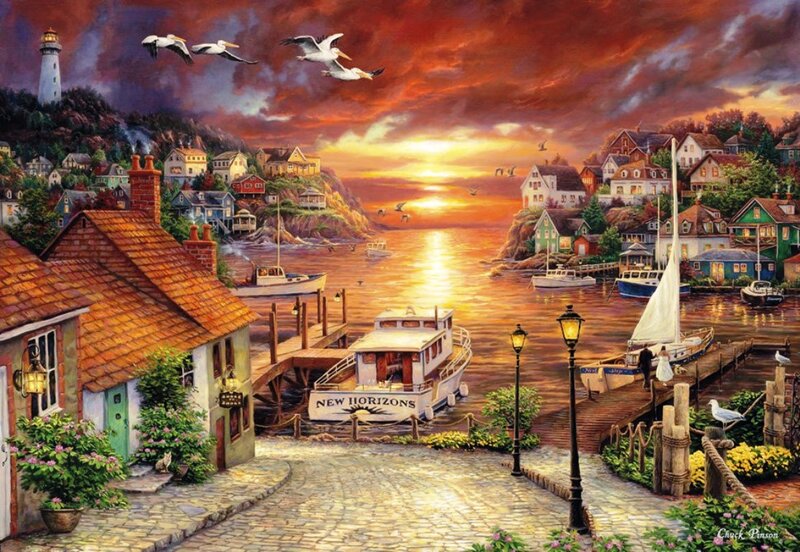 Coastal Village at Sunset — Orange, Dramatic