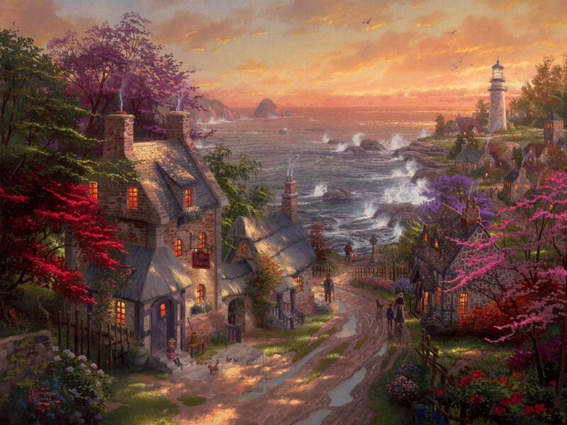 Coastal Village at Sunset — Orange, Serene, Painting
