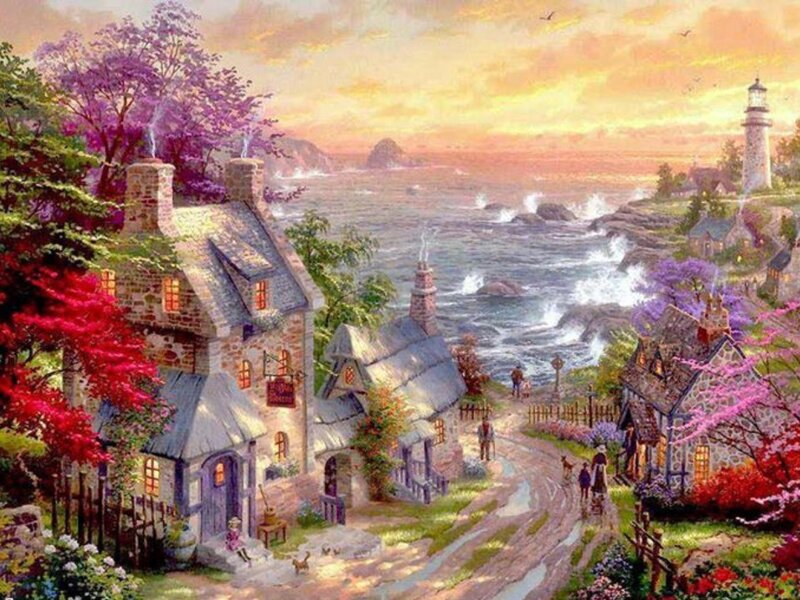 Coastal Village at Sunset — Purple, Serene, Painting, Lighthouse