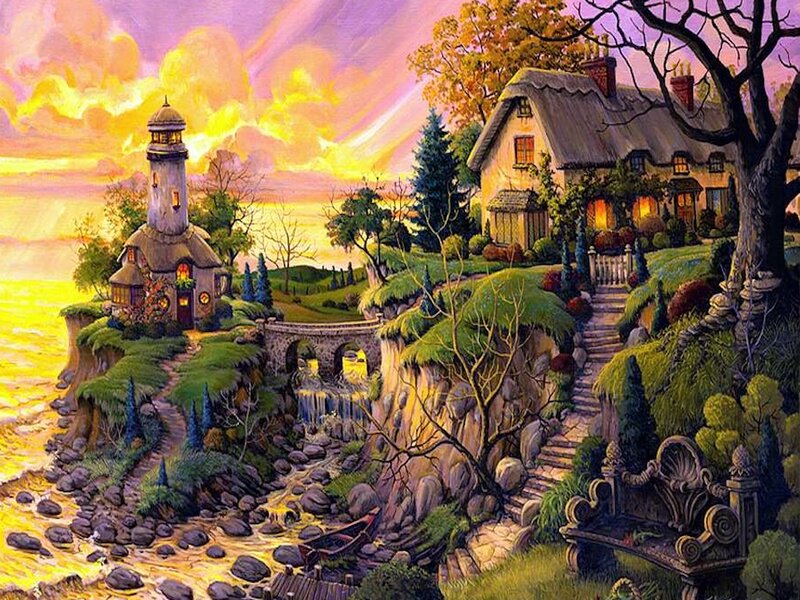 Coastal Village at Sunset — Purple, Serene, Painting