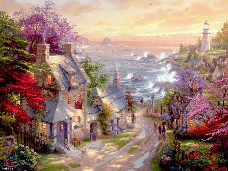 Coastal Village at Sunset — Purple, Serene