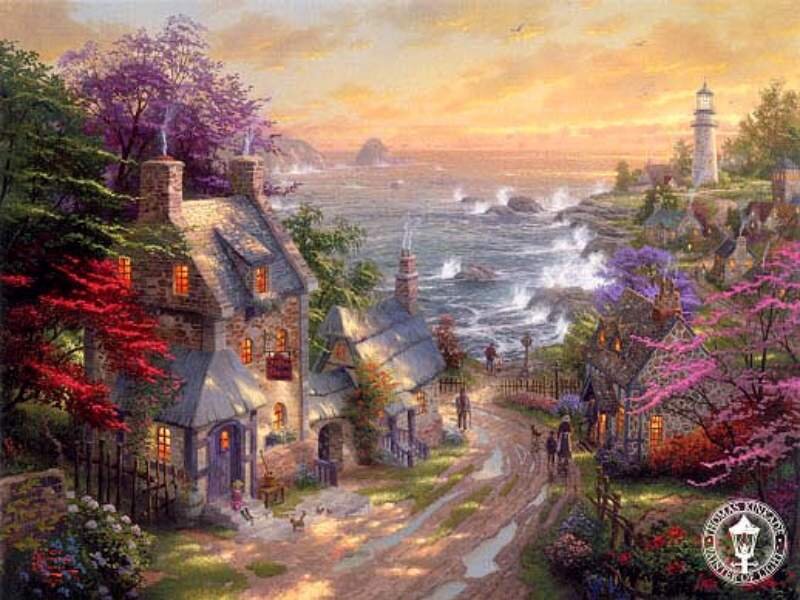 Coastal Village at Sunset — Purple
