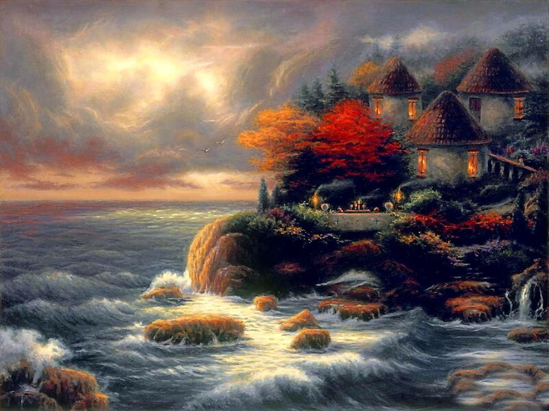 Coastal Village at Sunset — Red