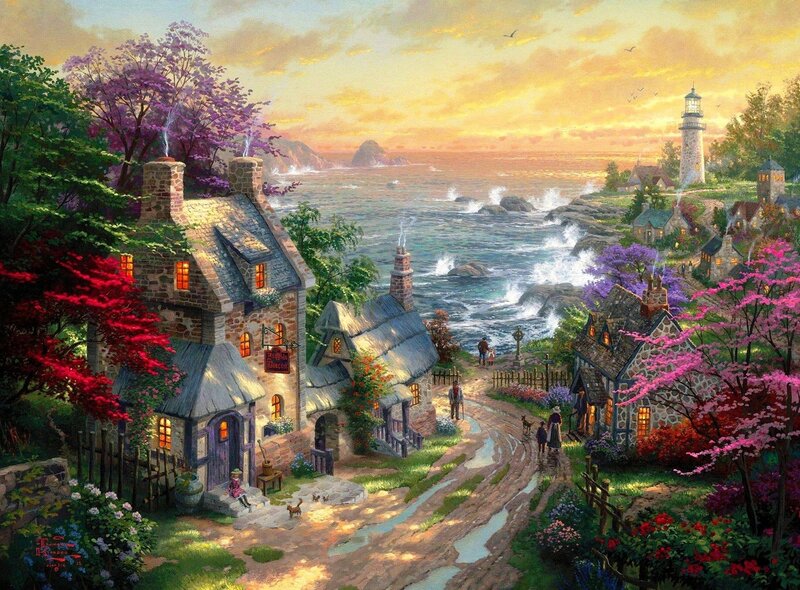 Coastal Village at Sunset — Yellow, Serene