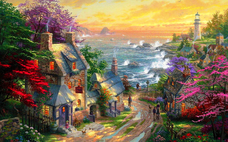 Coastal Village at Sunset — Yellow