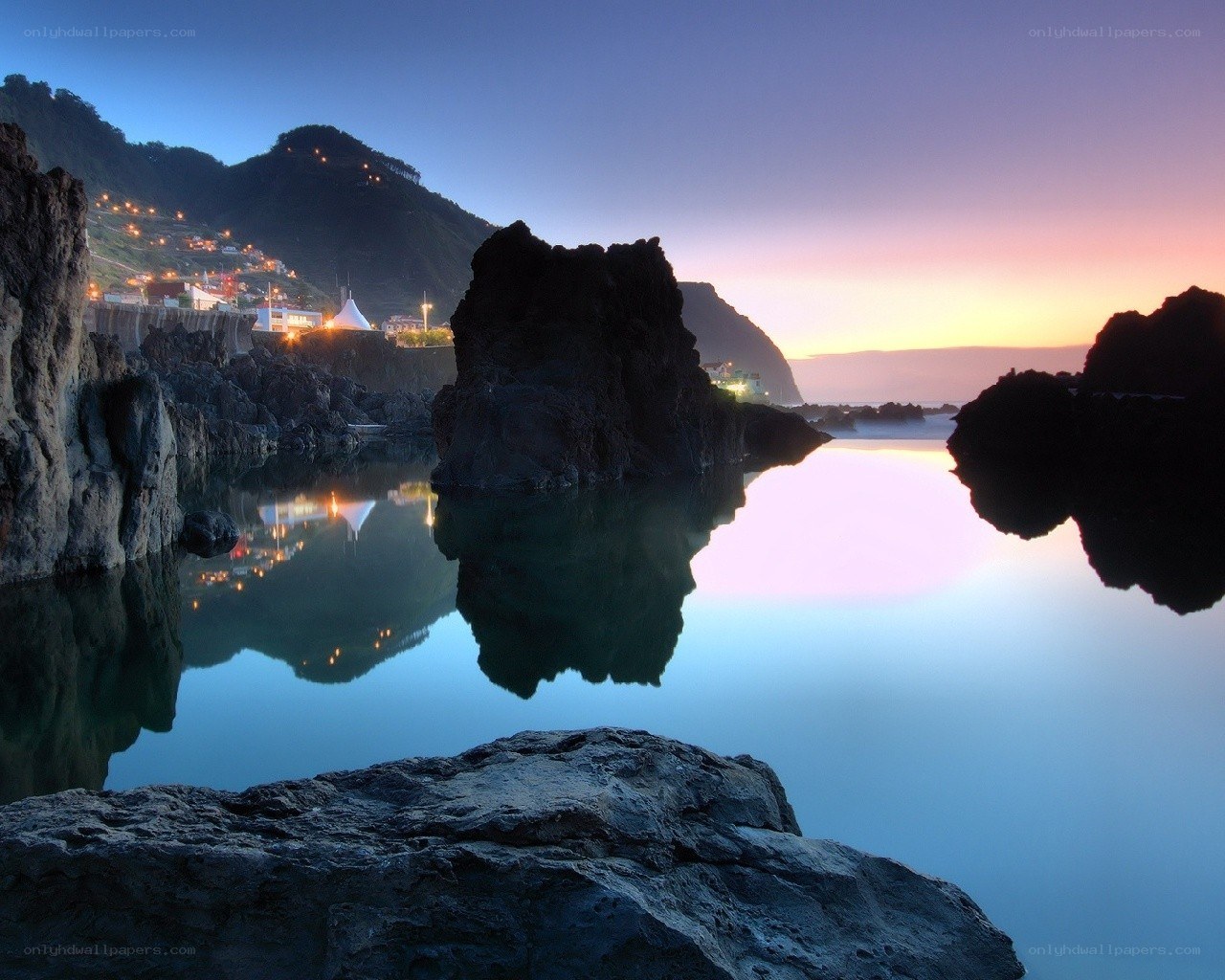 coastal village at twilight