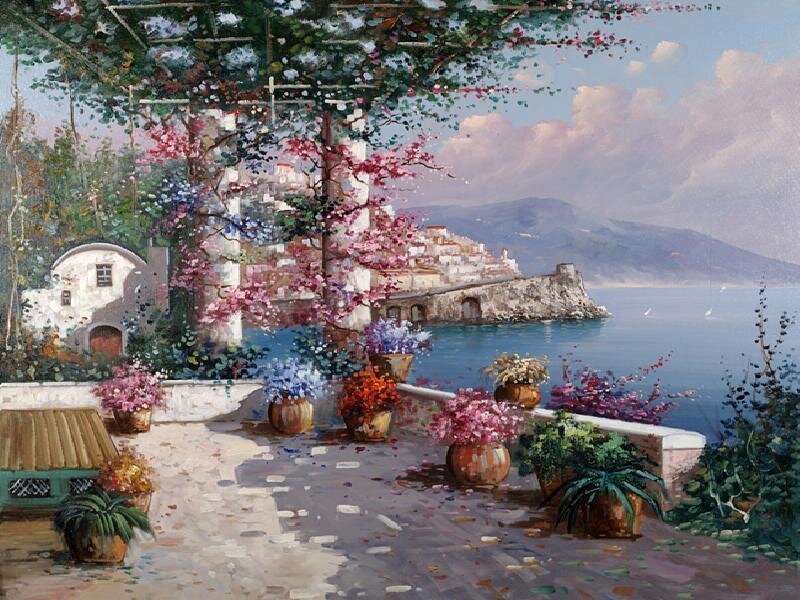 Coastal village garden scene