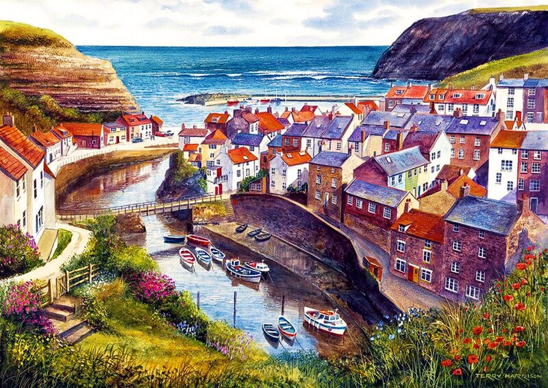 Coastal Village Harbor — Blue, Serene, Afternoon, Painting, Boats, Cliffs
