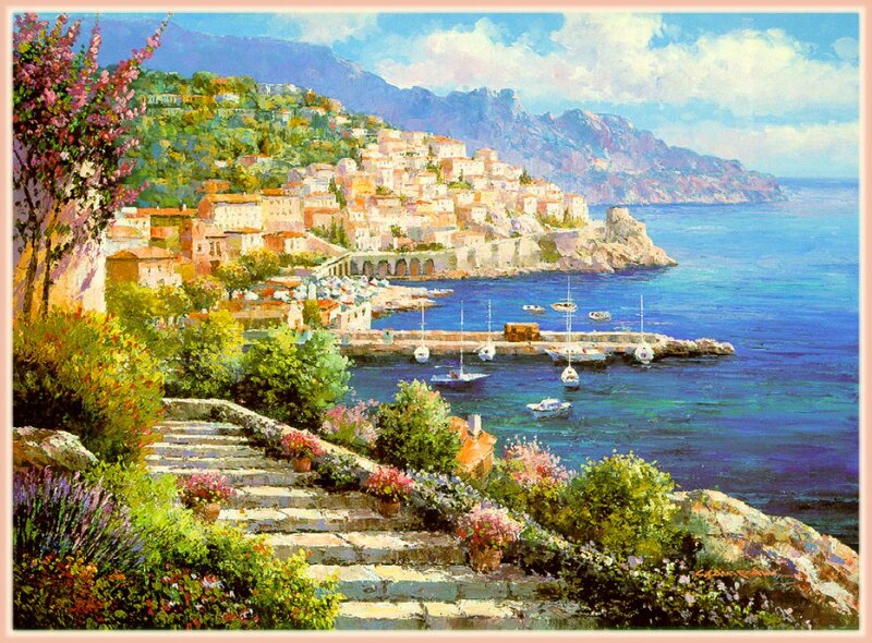 Coastal Village Harbor — Blue, Serene, Afternoon, Painting, Mountains