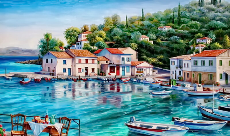 Coastal Village Harbor — Blue, Serene, Afternoon, Painting