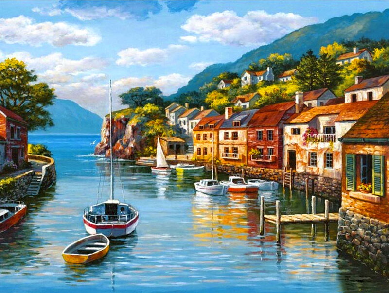Coastal Village Harbor — Blue, Serene, Afternoon