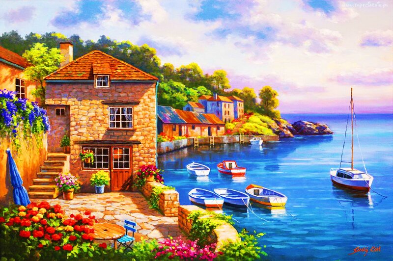 Coastal Village Harbor — Blue, Serene, Sunset