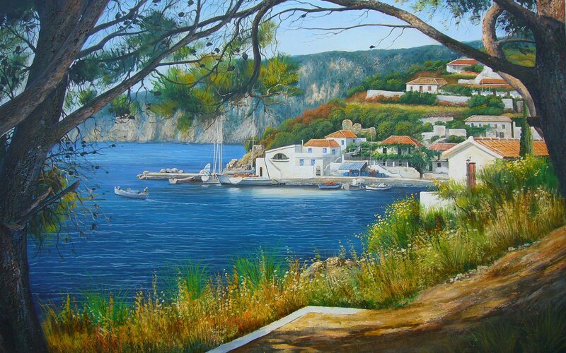 Coastal Village in Bay — Blue