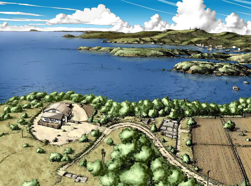 Coastal Village Landscape — Blue, Serene, Afternoon, Manga