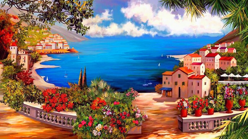 Coastal Village Landscape — Blue, Serene