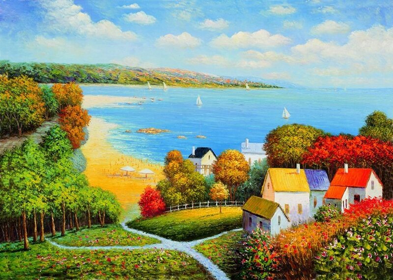 Coastal Village Landscape — Blue