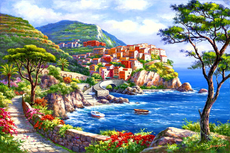 Coastal Village on Cliff — Blue, Serene, Afternoon, Painting